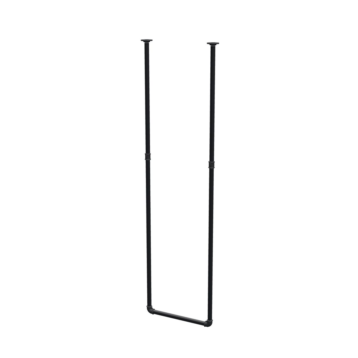 Portant à vêtements suspendu au plafond en tubes d'acier peints noir mat Ø 27 mm — largeur 46 cm, hauteur sous plafond 173 cm, vue de trois quarts sur fond blanc