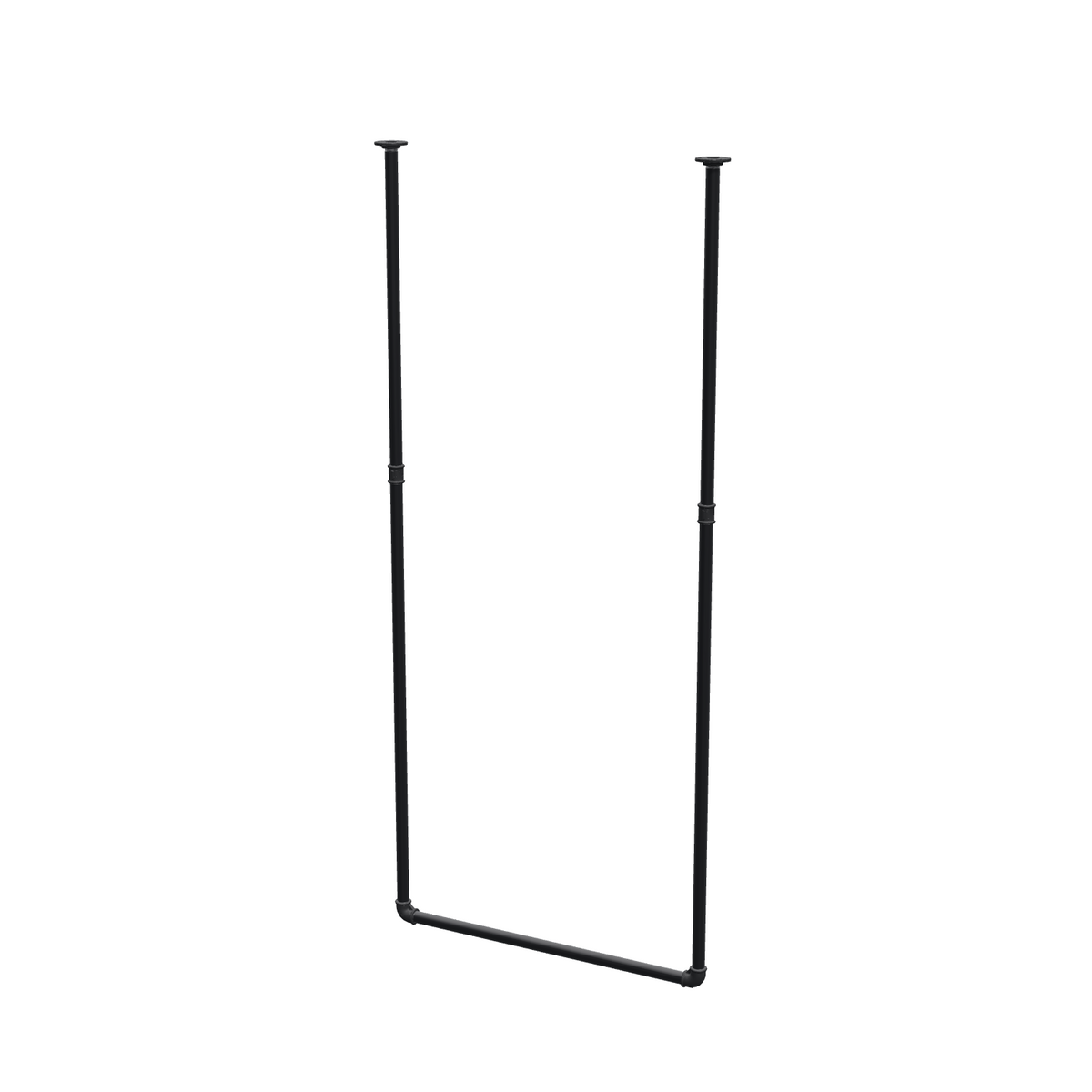 Portant à vêtements suspendu au plafond en tubes d'acier peints noir mat Ø 27 mm — largeur 76 cm, hauteur sous plafond 173 cm, vue de trois quarts sur fond blanc