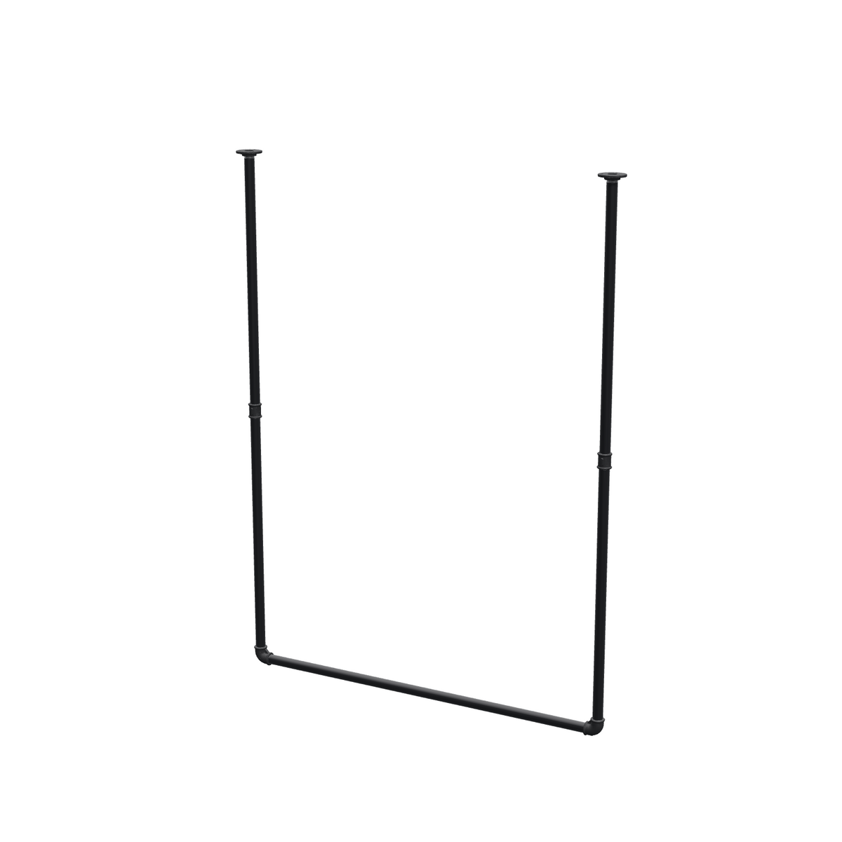 Portant à vêtements suspendu au plafond en tubes d'acier peints noir mat Ø 27 mm — largeur 106 cm, hauteur sous plafond 143 cm, vue de trois quarts sur fond blanc