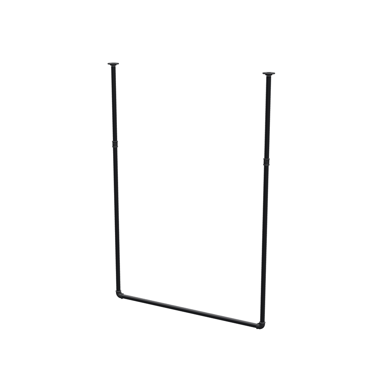 Portant à vêtements suspendu au plafond en tubes d'acier peints noir mat Ø 27 mm — largeur 106 cm, hauteur sous plafond 153 cm, vue de trois quarts sur fond blanc