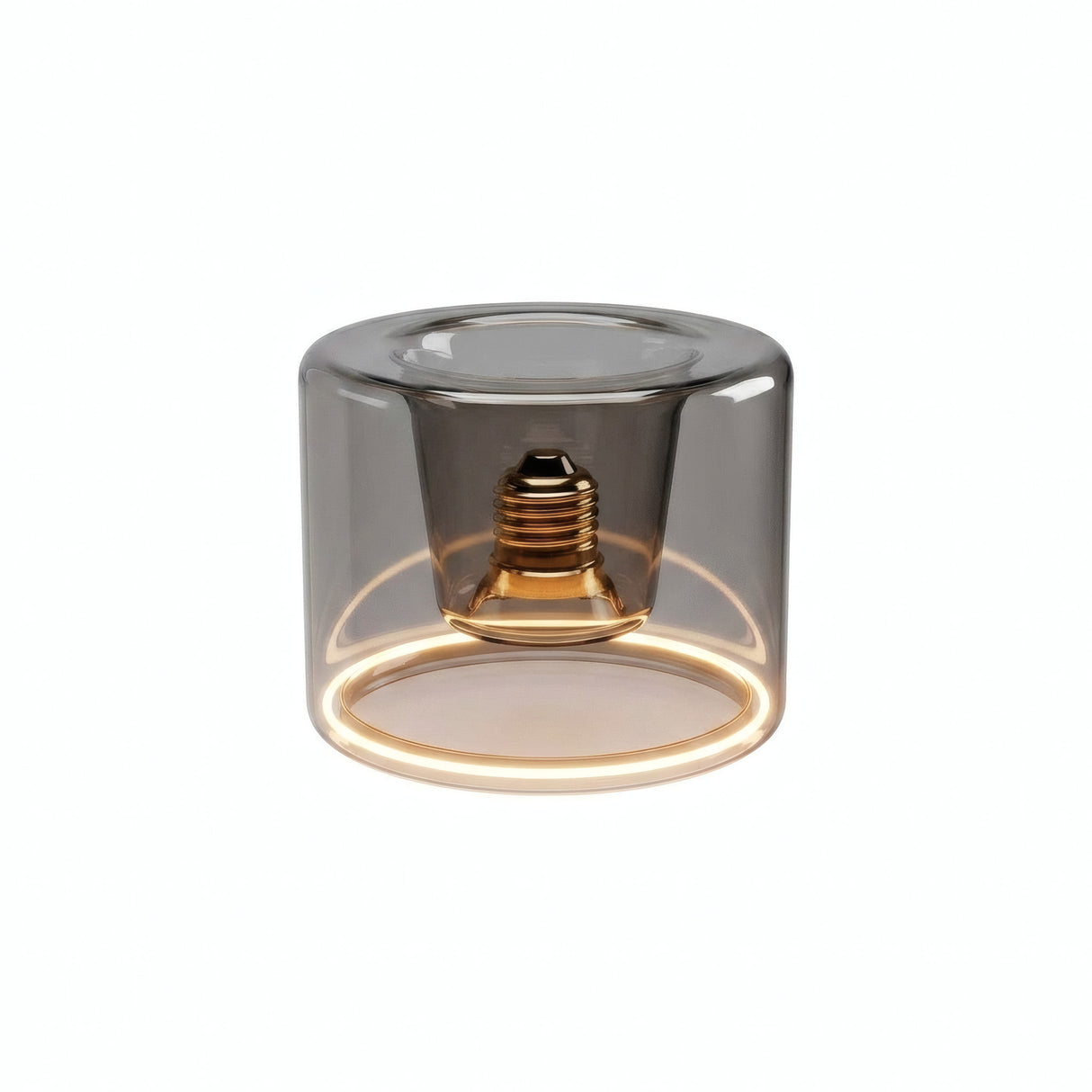 LED-Donut-Lampe E27 aus Rauchglas, Ø 120 mm, eingeschaltet, warmer Lichtring, weißer Hintergrund