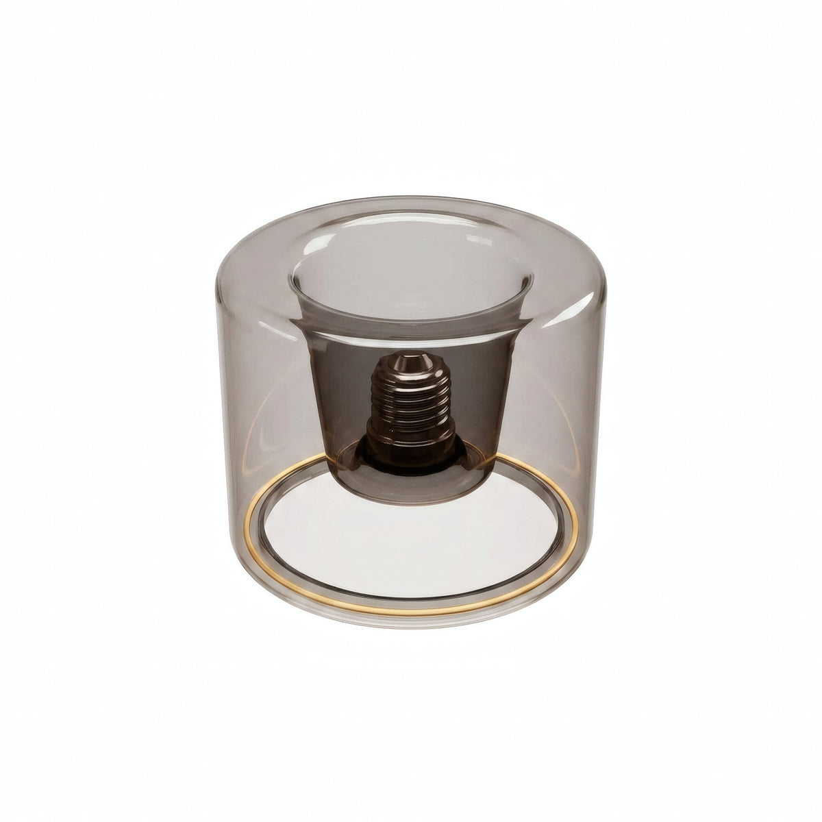 LED-Donut-Lampe E27 aus Rauchglas, Ø 120 mm, ausgeschaltet, versenkter E27-Sockel sichtbar, weißer Hintergrund