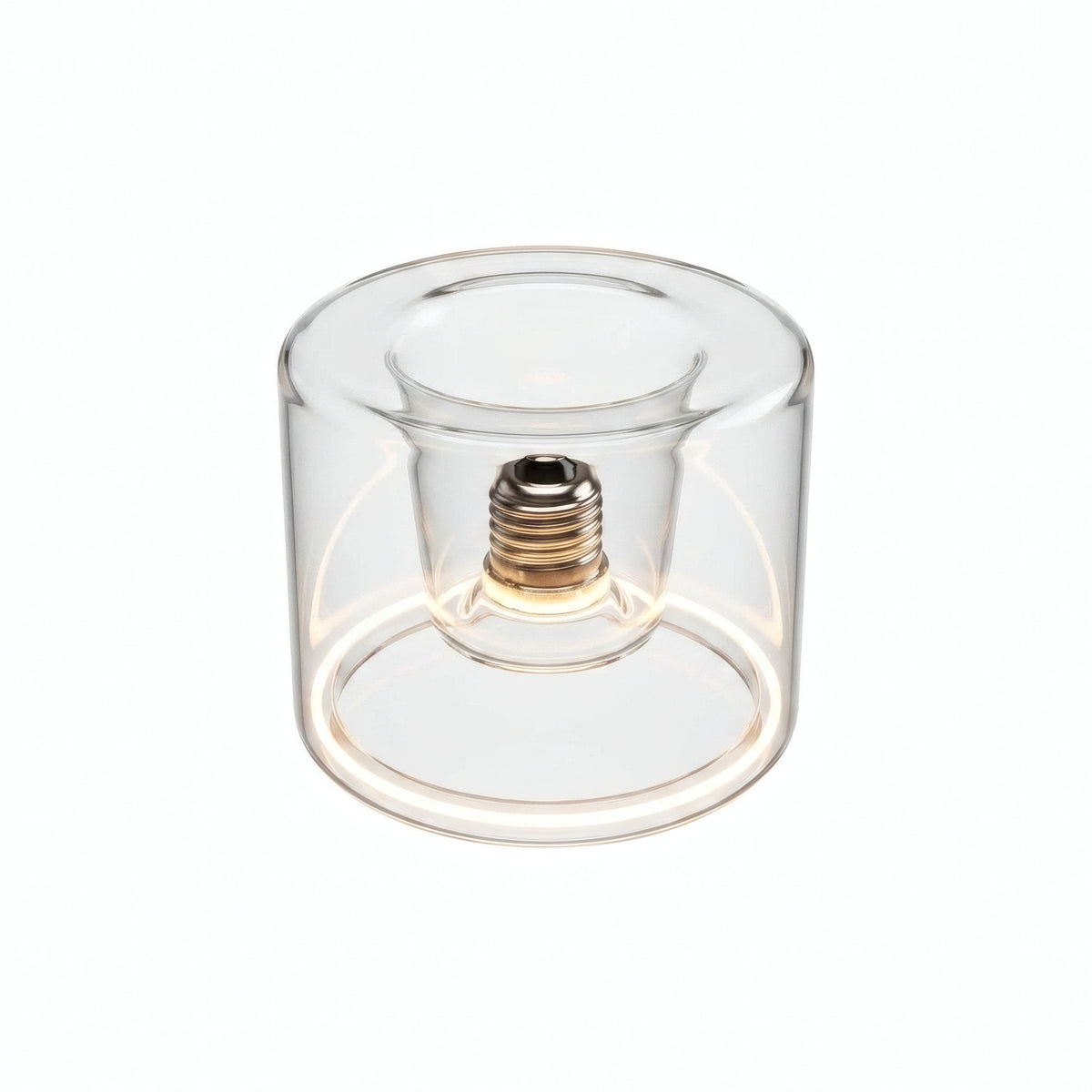 LED-Donut-Lampe E27 aus klarem Glas, Ø 120 mm, eingeschaltet, warmer Lichtring, weißer Hintergrund
