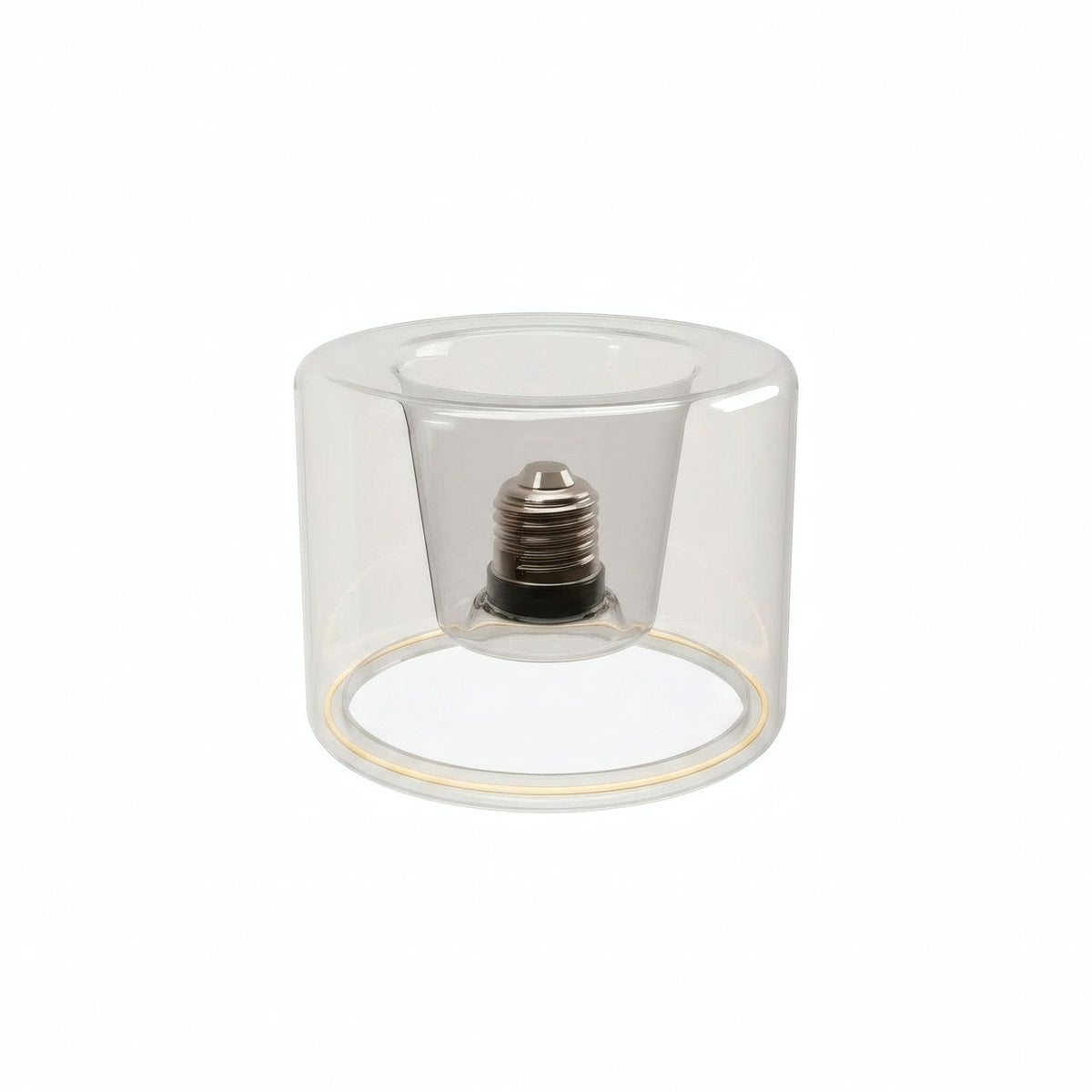 LED-Donut-Lampe E27 aus klarem Glas, Ø 120 mm, ausgeschaltet, versenkter E27-Sockel sichtbar, weißer Hintergrund