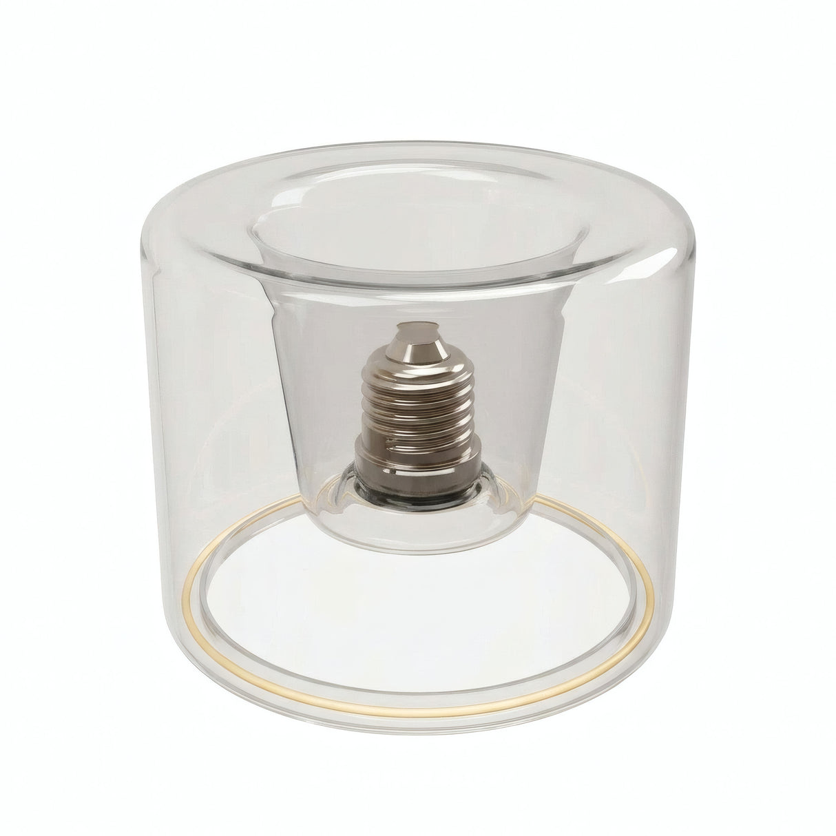 LED-Donut-Lampe E27 aus klarem Glas, Ø 120 mm, leicht erhöhte Perspektive, weißer Hintergrund