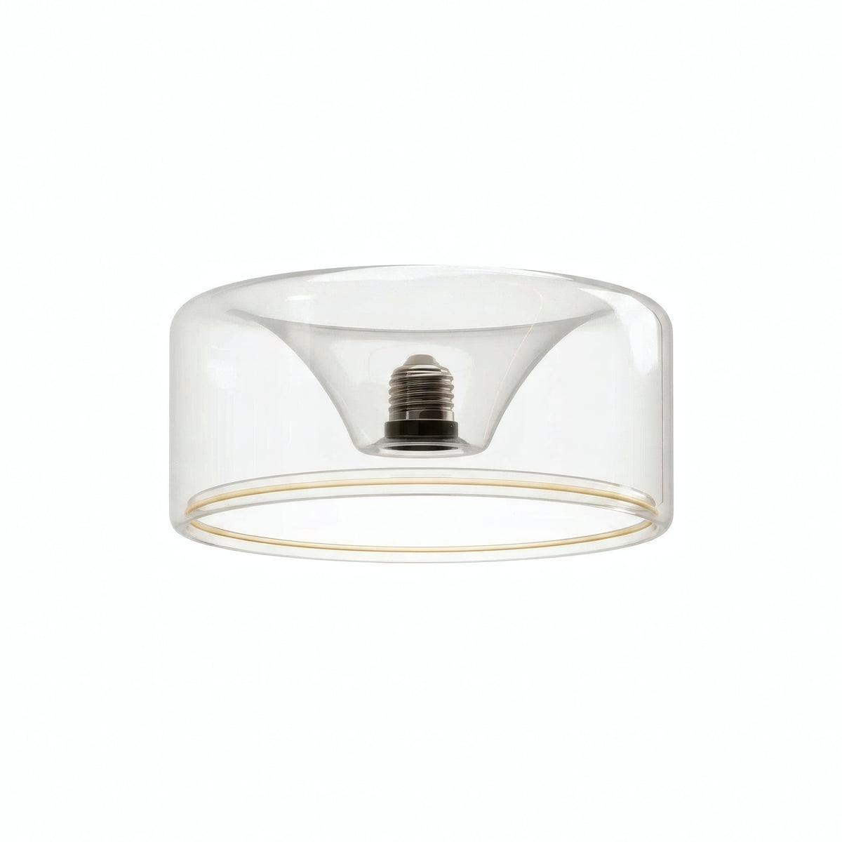 LED-Donut-Lampe E27 aus klarem Glas, Ø 195 mm, Dreiviertelansicht, weißer Hintergrund