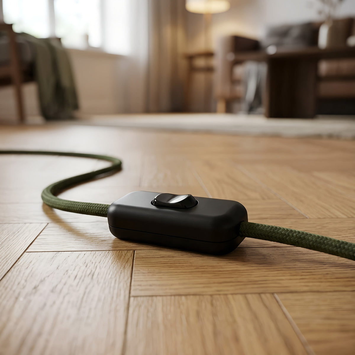 Zweipoliger Schnurschalter (Wippe) für Lampenkabel — Schwarz