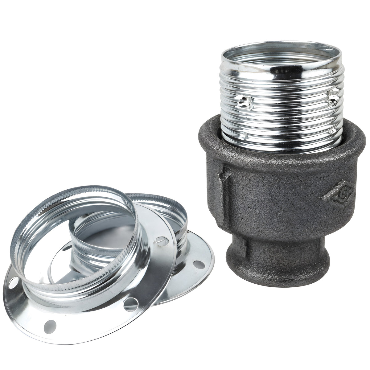 E27-Fassungsset aus glänzendem Metall in Silber auf Fitting mit Innengewinde aus schwarzem Temperguss (Eco)