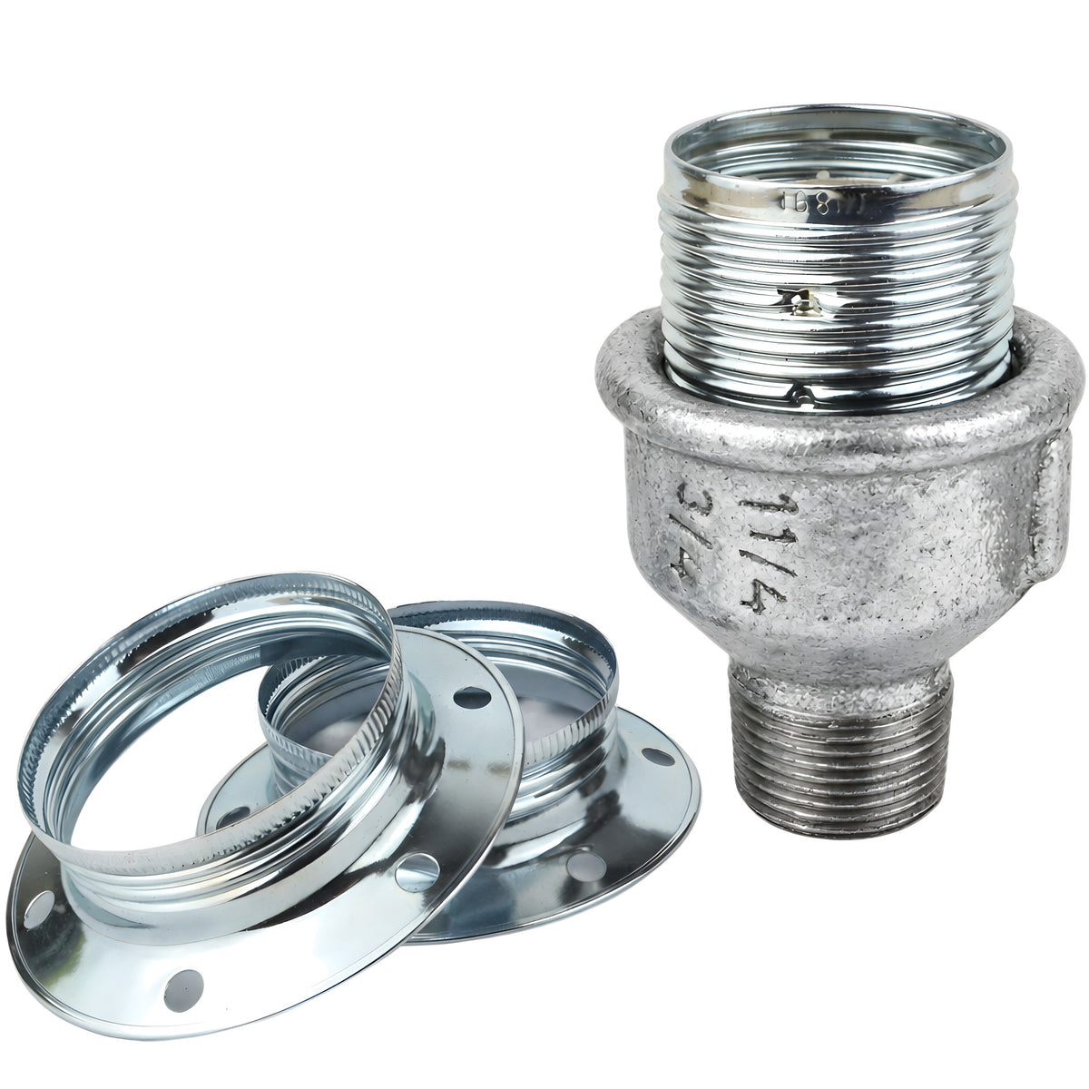 E27-Fassungsset aus glänzendem Metall in Silber auf Fitting mit Außengewinde aus verzinktem Temperguss