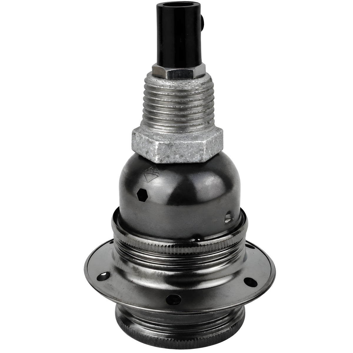E27-Fassungsset aus glänzendem Metall in Schwarz auf Fitting mit Außengewinde 1/2'' (15x21mm) aus verzinktem Temperguss