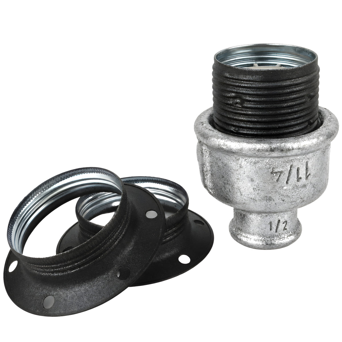E27-Fassungsset aus mattem Metall in Grau auf Fitting mit Innengewinde 1/2'' (15x21mm) aus verzinktem Temperguss