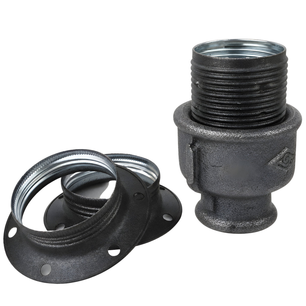 E27-Fassungsset aus mattem Metall in Grau auf Fitting mit Innengewinde aus schwarzem Temperguss (Eco)