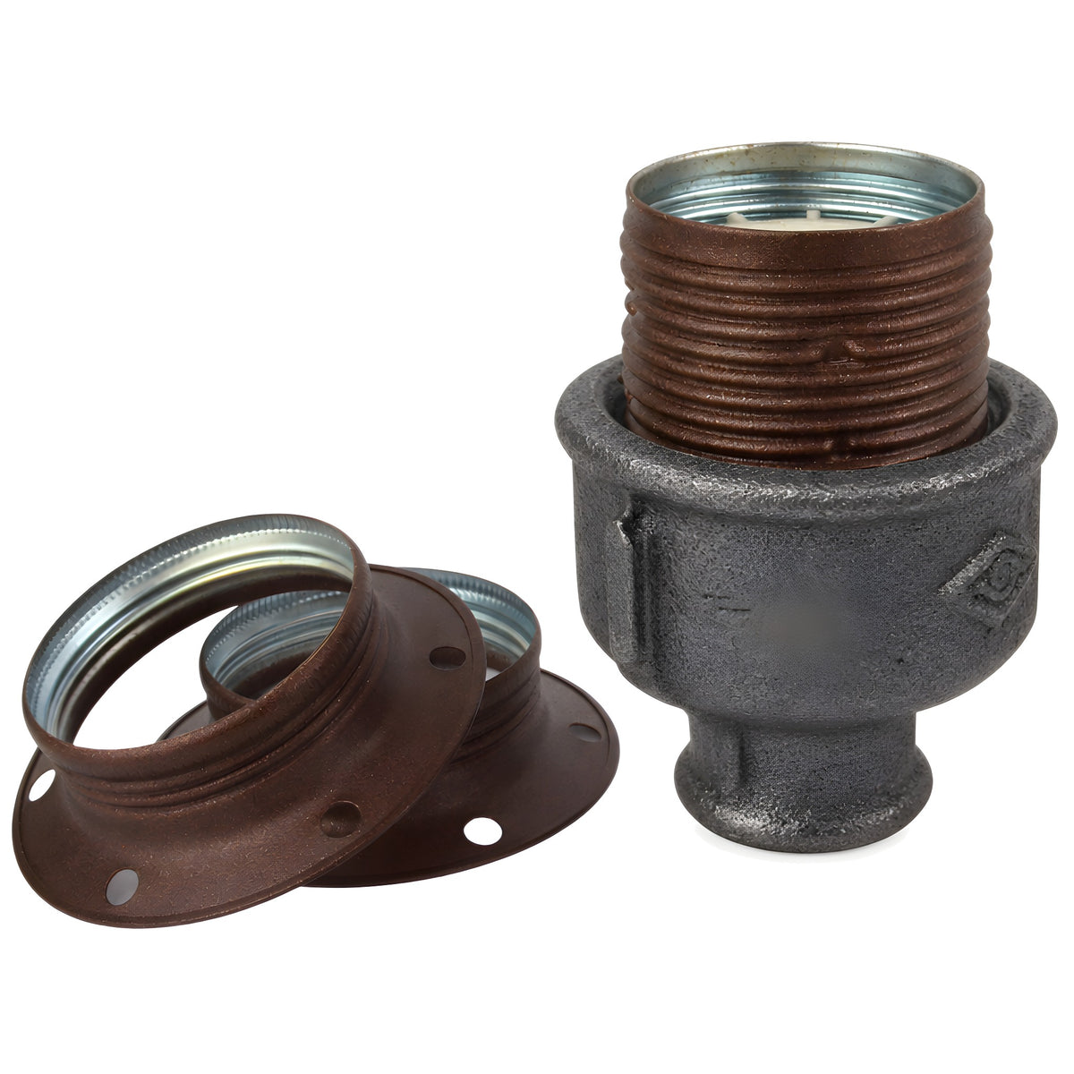 E27-Fassungsset aus mattem Metall in Rostoptik auf Fitting mit Innengewinde 1/2'' (15x21mm) aus schwarzem Temperguss (Eco)