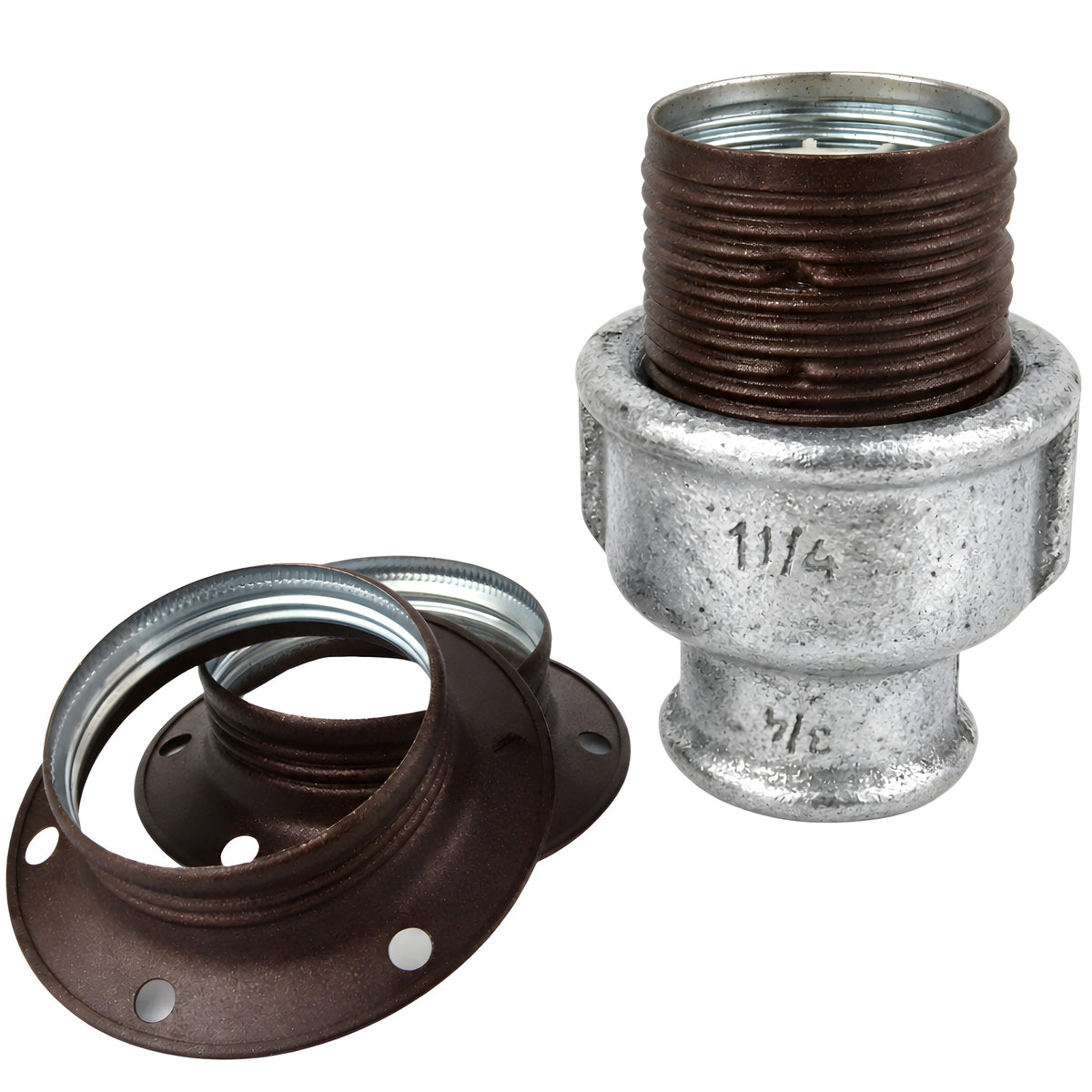 E27-Fassungsset aus mattem Metall in Rostoptik auf Fitting mit Innengewinde aus verzinktem Temperguss