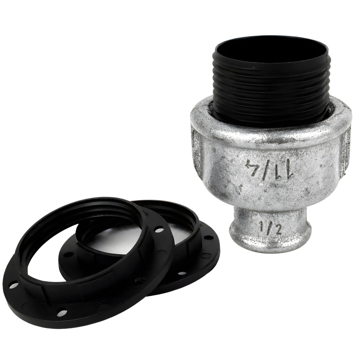 E27-Fassungsset aus Thermoplast auf Fitting mit Innengewinde 1/2'' (15x21mm) aus verzinktem Temperguss