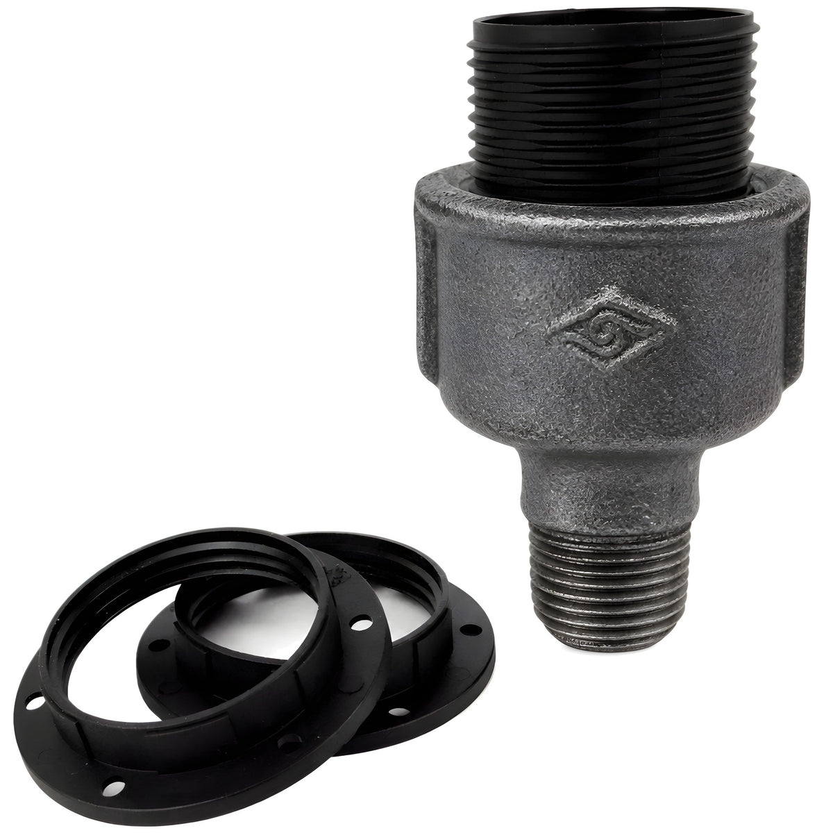 E27-Fassungsset aus Thermoplast auf Fitting mit Außengewinde 1/2'' (15x21mm) aus schwarzem Temperguss (Eco)