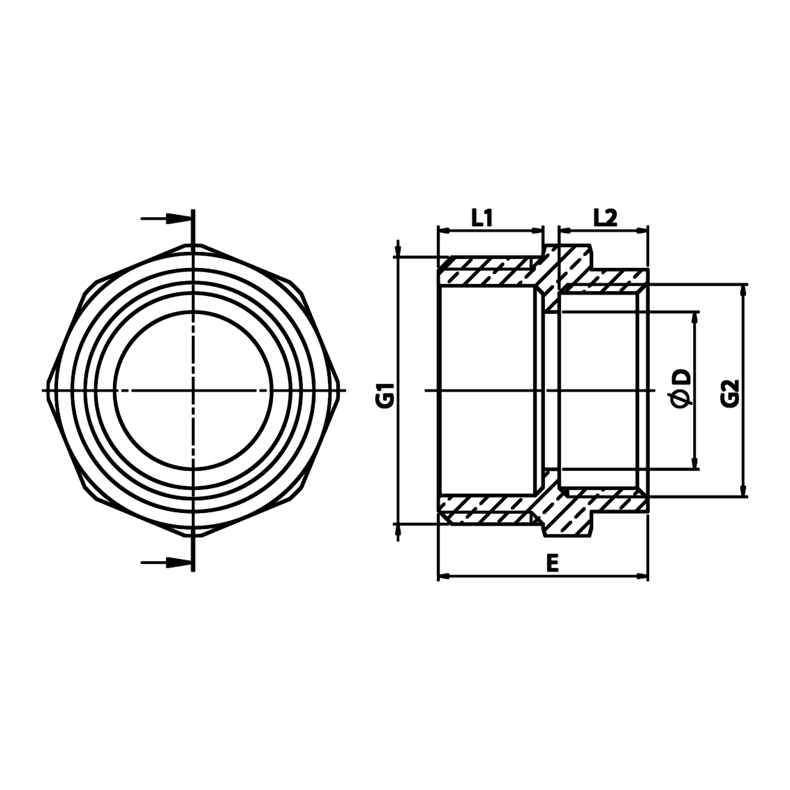 Bemaßte technische Zeichnung: Messing-Reduziernippel AG/IG (Art. 1247)