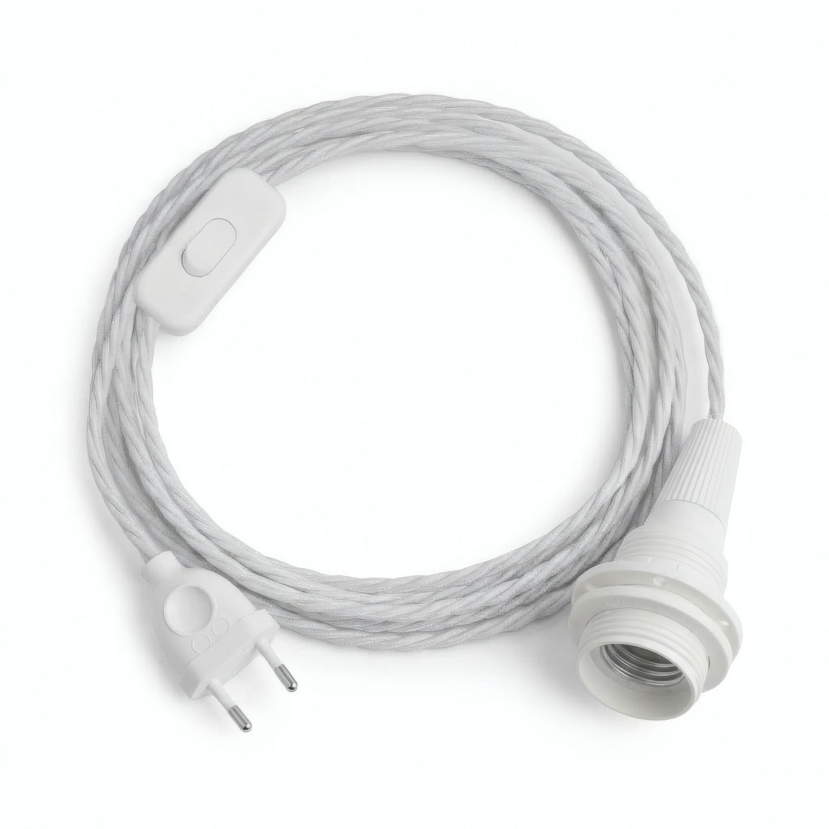 Lampe mit verdrilltem Textilkabel, Baumwolle Optisch Weiß, Fassung E14 mit Schirmringen
