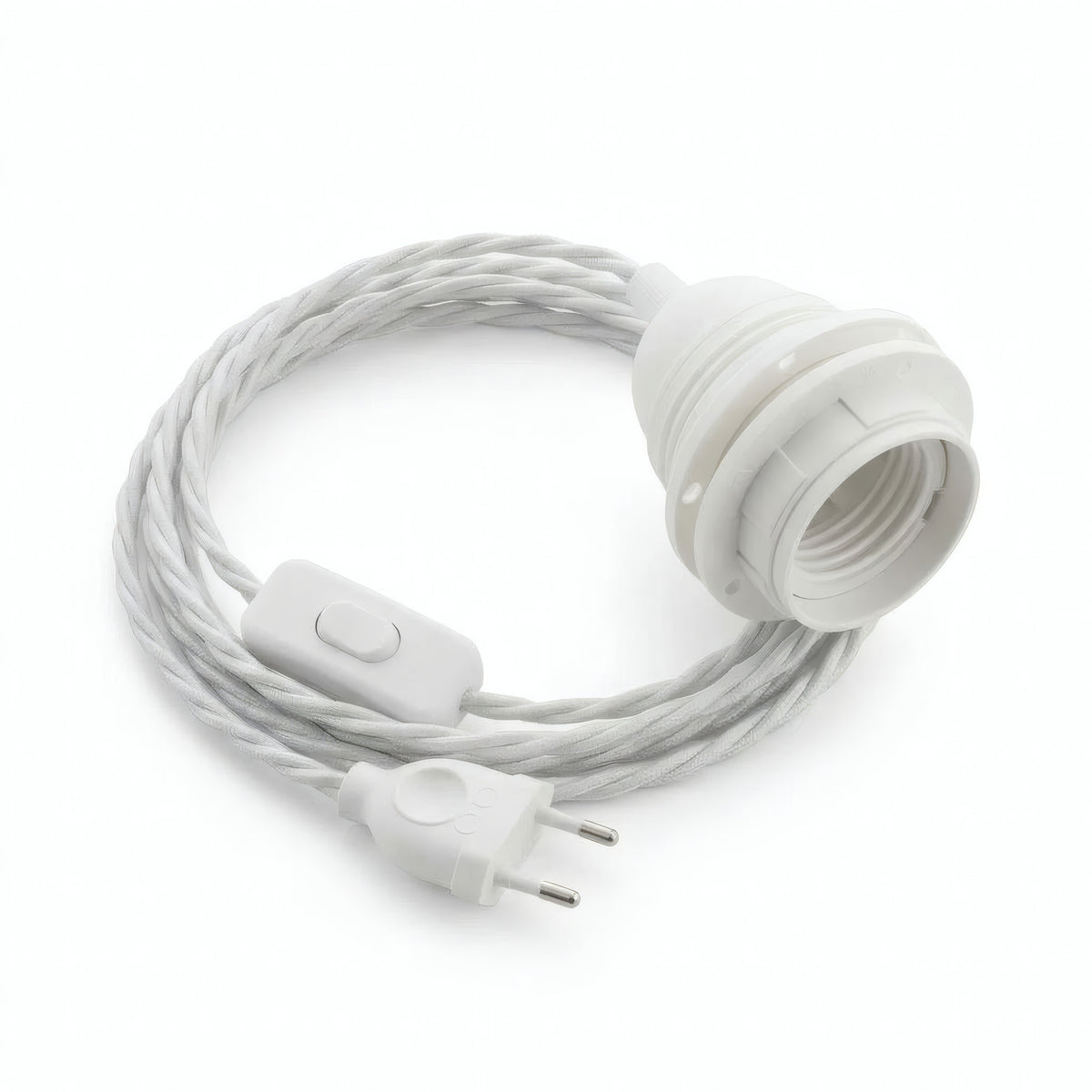 Lampe mit verdrilltem Textilkabel, Baumwolle Optisch Weiß, Fassung E27 mit Schirmringen