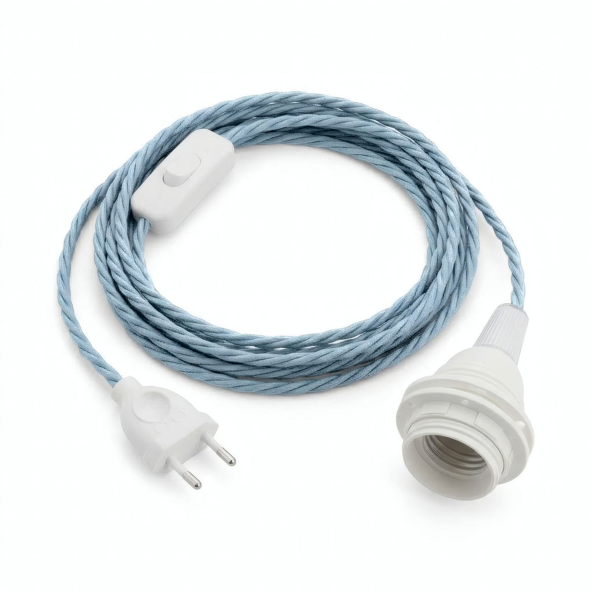 Lampe mit verdrilltem Textilkabel, Baumwolle Ozeanblau, Fassung E27 mit Schirmringen