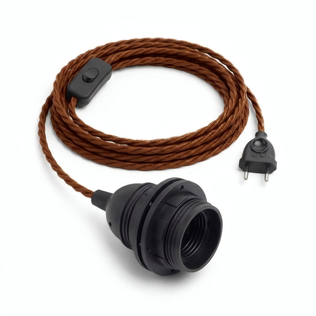 Lampe mit verdrilltem Textilkabel, Baumwolle Zimtbraun, Fassung E27 mit Schirmringen