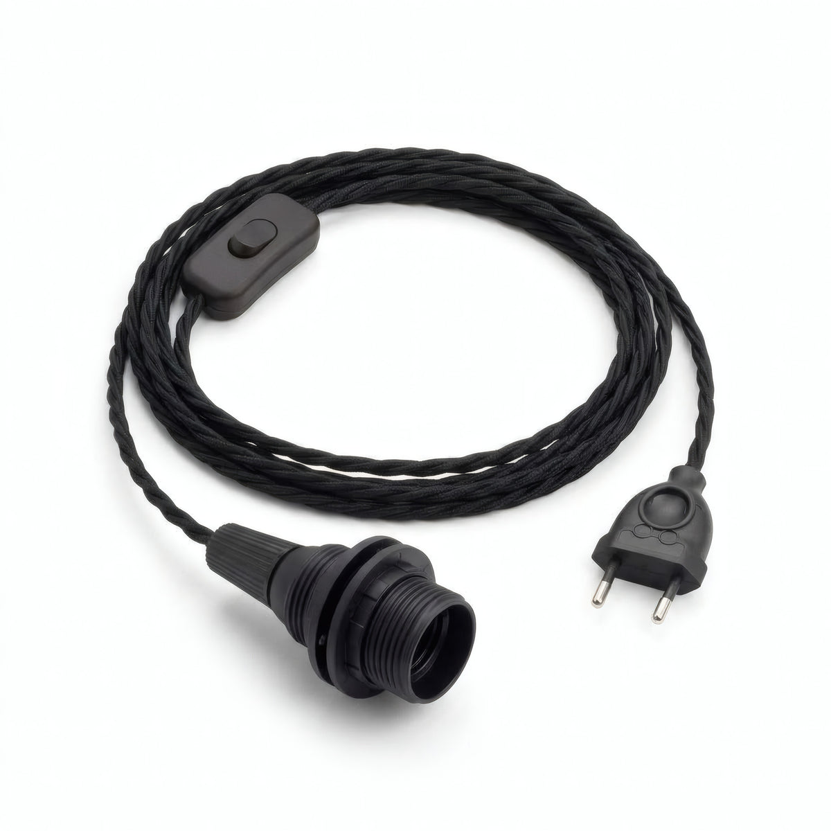 Lampe mit verdrilltem Textilkabel, Baumwolle Anthrazitschwarz, Fassung E14 mit Schirmringen