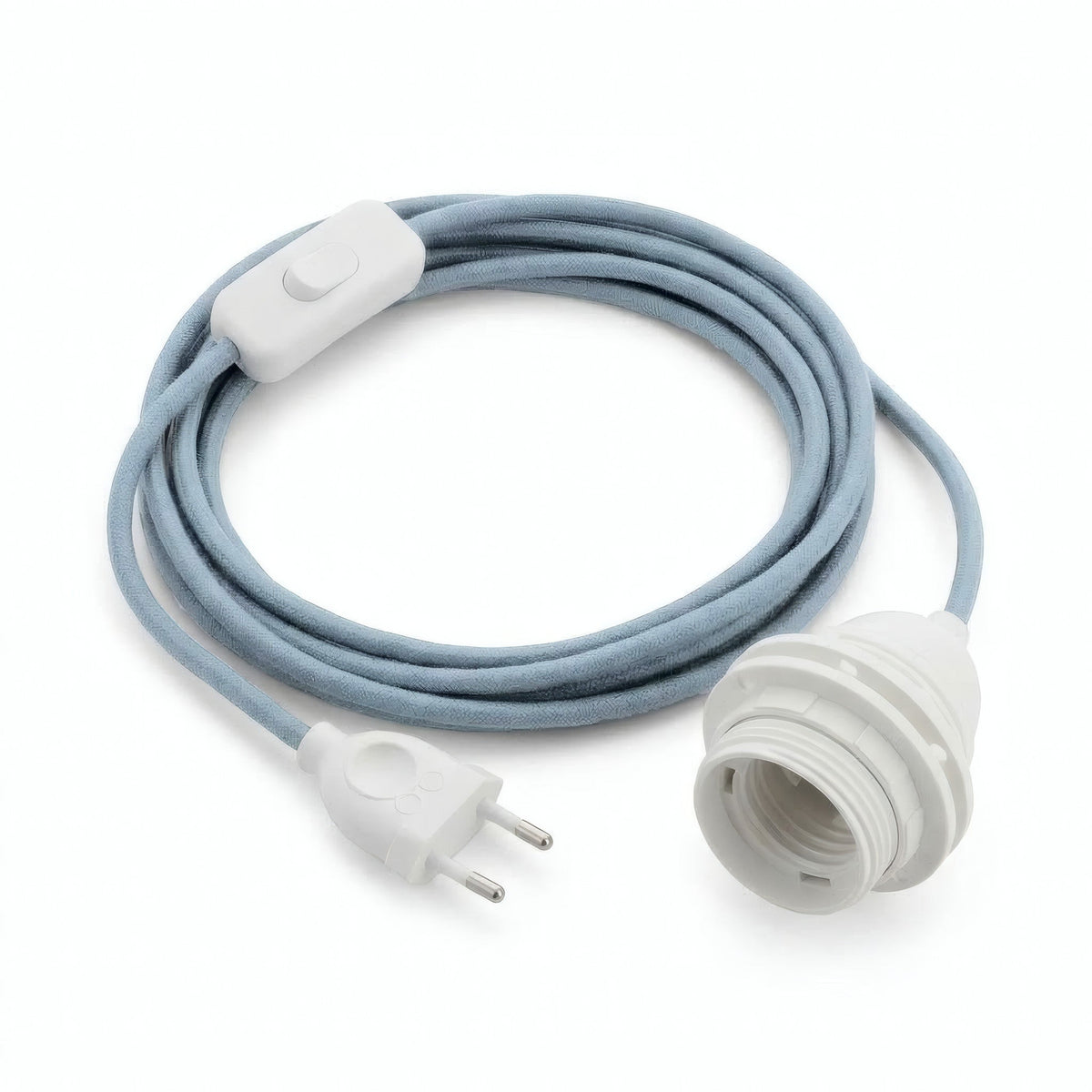 Lampe mit einfarbigem Textilkabel, Baumwolle Ozeanblau, Fassung E27 mit Schirmringen