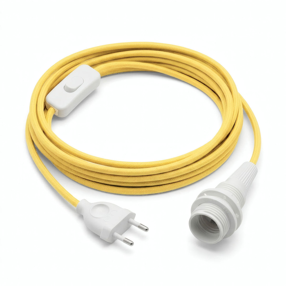 Lampe mit einfarbigem Textilkabel, Seideneffekt Maisgelb, Fassung E14 mit Schirmringen