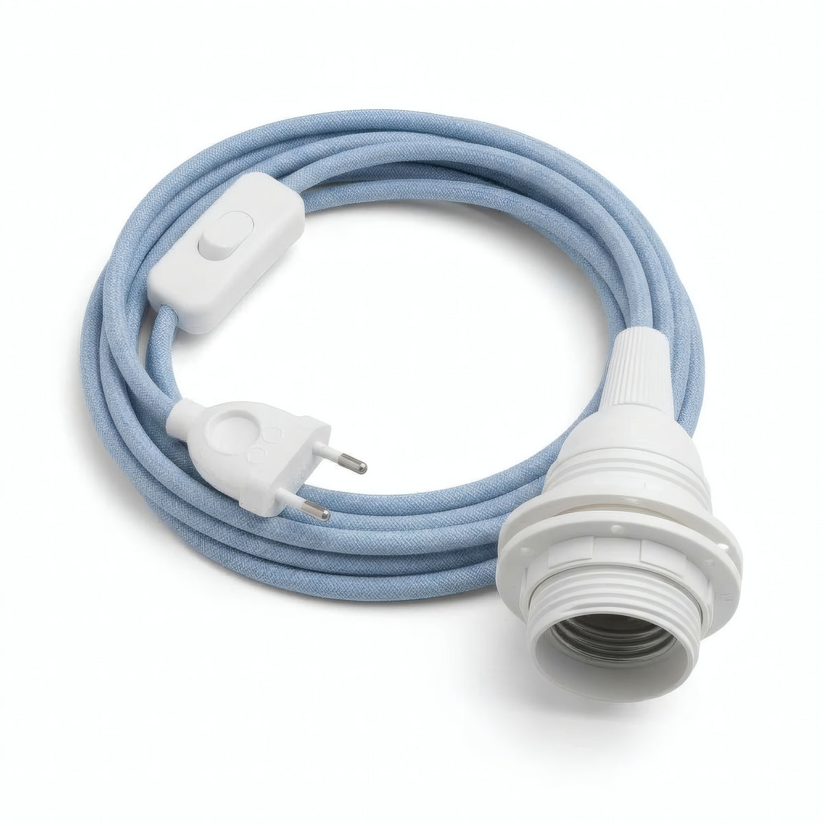 Lampe mit Zickzack-Textilkabel, Baumwoll-Leinen Stewardblau und Beige, Fassung E27 mit Schirmringen
