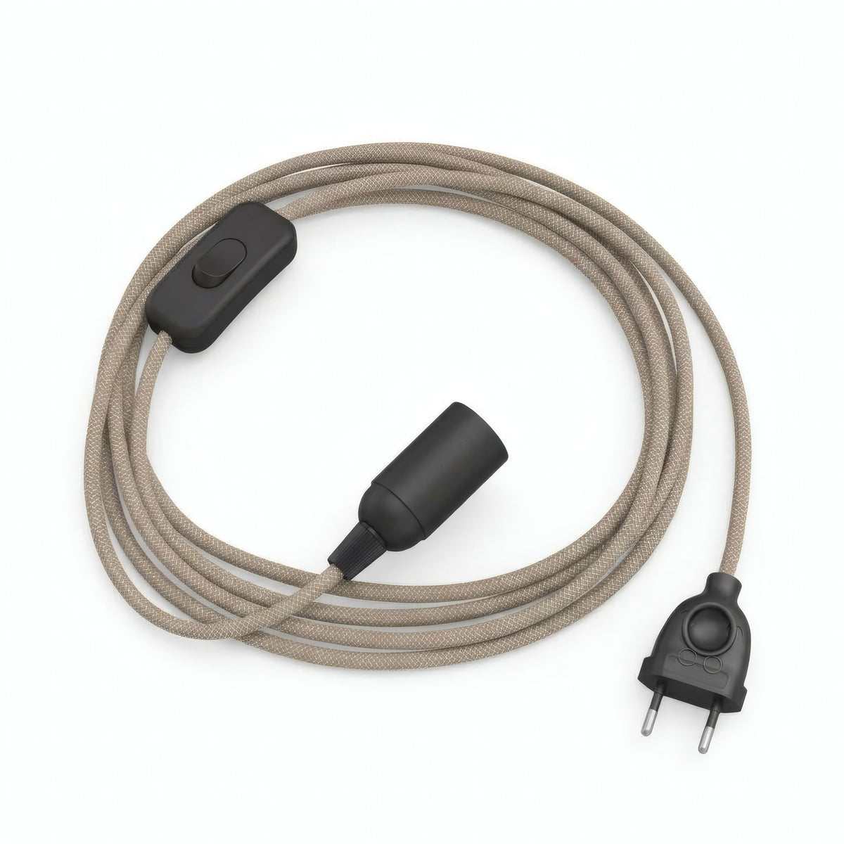 Lampe mit Zickzack-Textilkabel, Baumwoll-Leinen Rindenbraun und Beige, Fassung E14