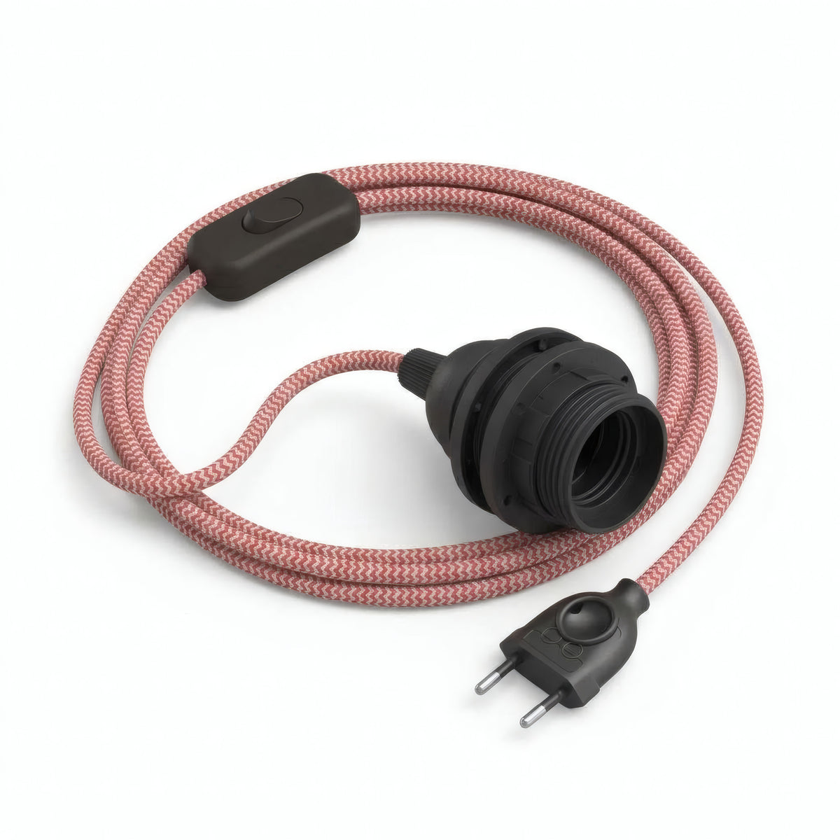 Lampe mit Zickzack-Textilkabel, Seideneffekt Feuerrot und Optisch Weiß, Fassung E27 mit Schirmringen