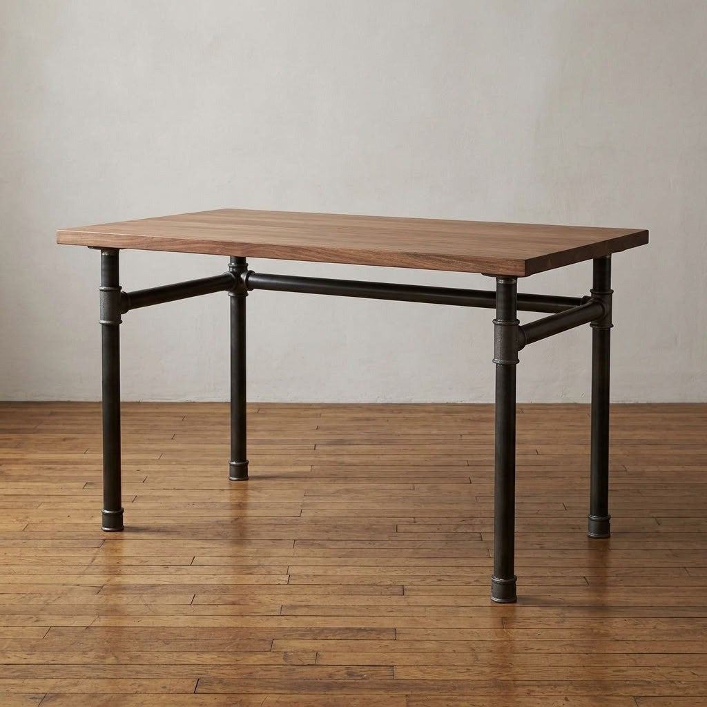 Industrieller Schreibtisch mit Nussbaumplatte auf Gestell in U-Form aus Gusseisen und Stahl Ø 42 mm, Wohnszene (Platte nicht im Lieferumfang)