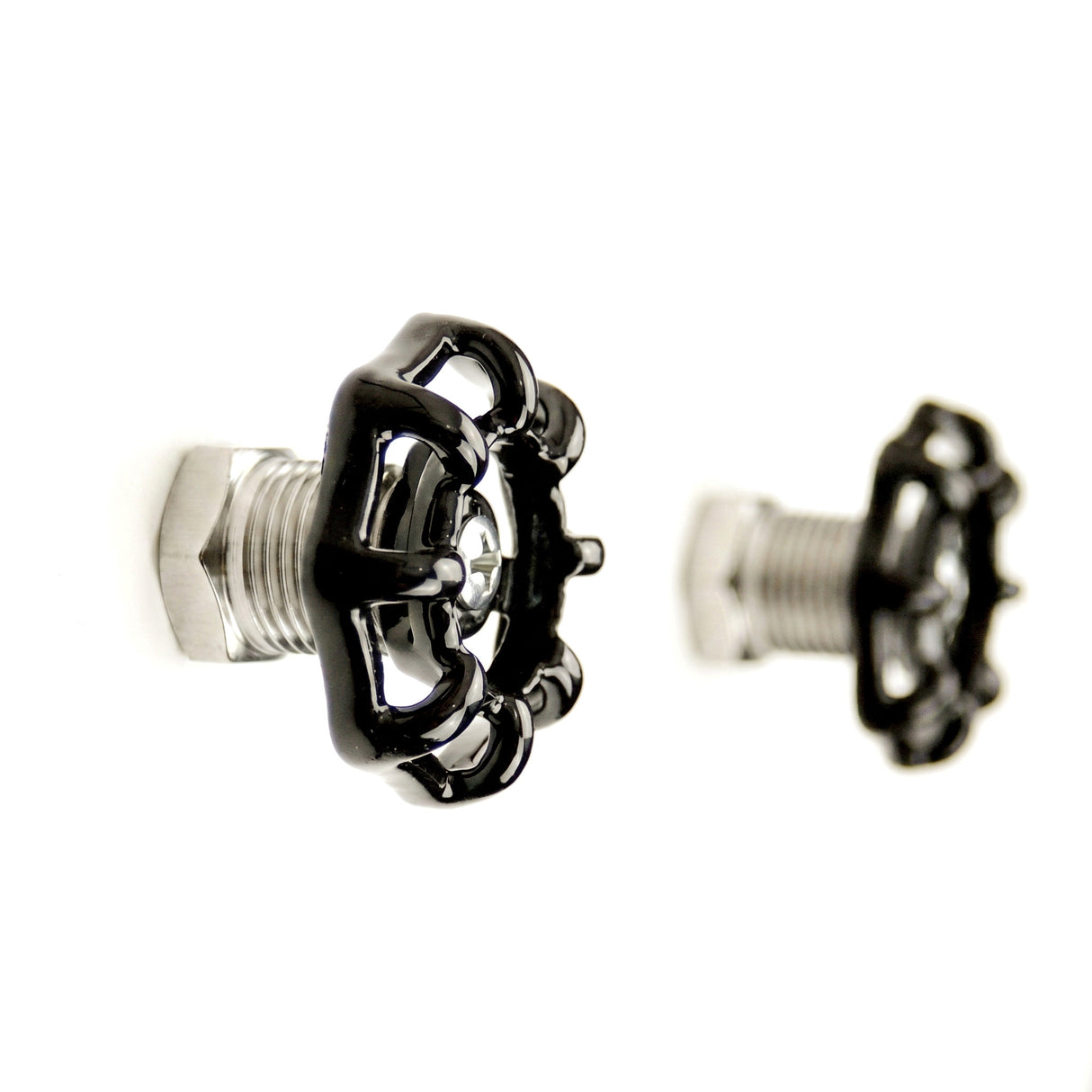 Poignée de meuble volant noir, raccord inox, vue de profil