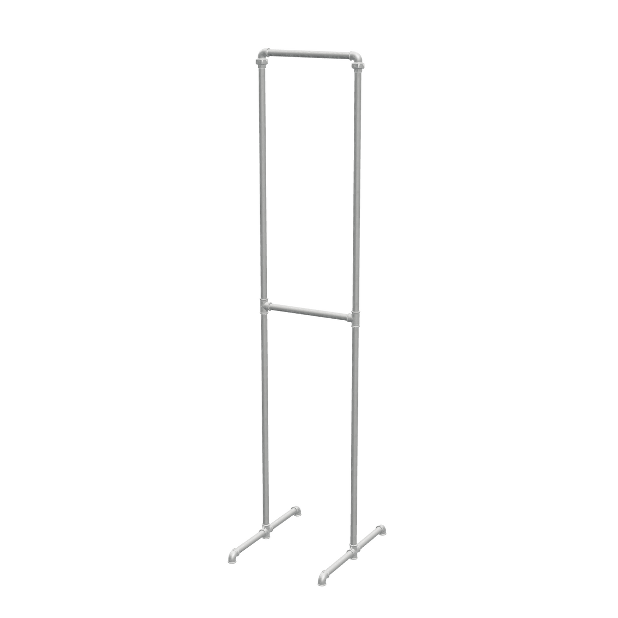Portant à vêtements autoportant double niveau en tuyaux de plomberie galvanisés Ø 27 mm — largeur 48 cm, hauteur 216 cm, vue de trois quarts sur fond blanc