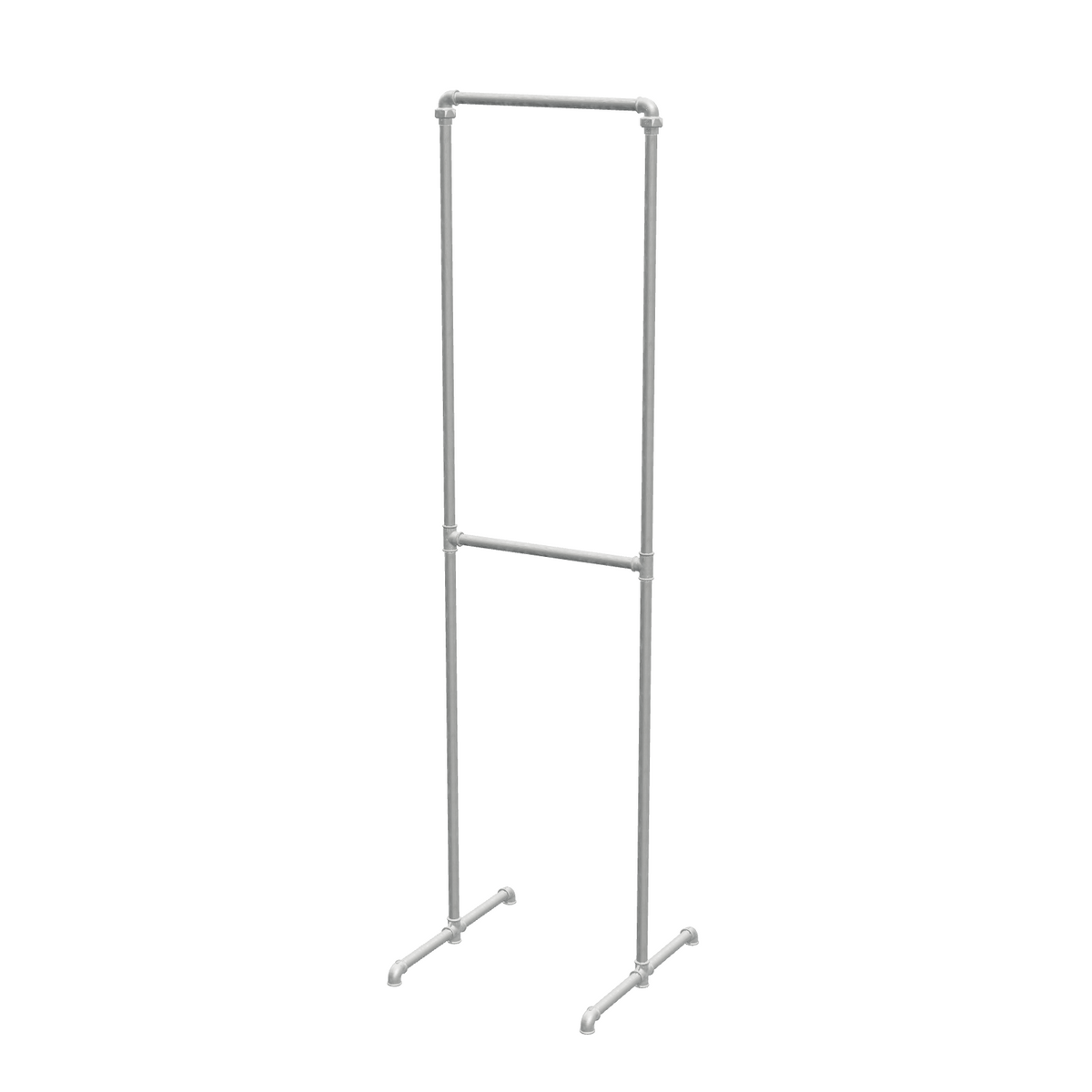 Portant à vêtements autoportant double niveau en tuyaux de plomberie galvanisés Ø 27 mm — largeur 58 cm, hauteur 216 cm, vue de trois quarts sur fond blanc