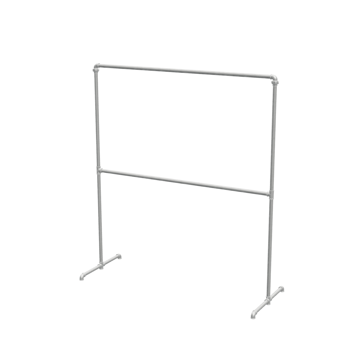 Portant à vêtements autoportant double niveau en tuyaux de plomberie galvanisés Ø 27 mm — largeur 158 cm, hauteur 176 cm, vue de trois quarts sur fond blanc