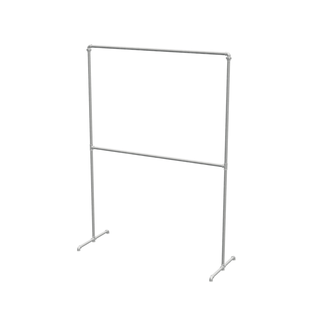 Portant à vêtements autoportant double niveau en tuyaux de plomberie galvanisés Ø 27 mm — largeur 158 cm, hauteur 216 cm, vue de trois quarts sur fond blanc
