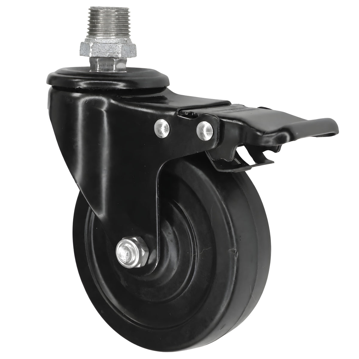 Schwarze Industrie-Lenkrolle mit Bremse und Gummirad 100 mm, 1/2'' (15x21mm) Außengewinde, Fitting aus verzinktem Gusseisen