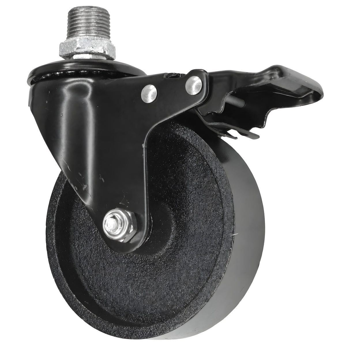Schwarze Industrie-Lenkrolle mit Bremse und Gusseisenrad 100 mm, Außengewinde, Fitting aus verzinktem Temperguss