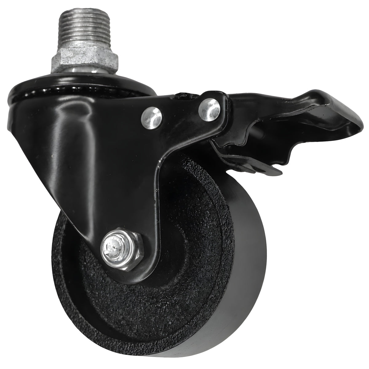 Schwarze Industrie-Lenkrolle mit Bremse und Gusseisenrad 75 mm, Außengewinde, Fitting aus verzinktem Temperguss