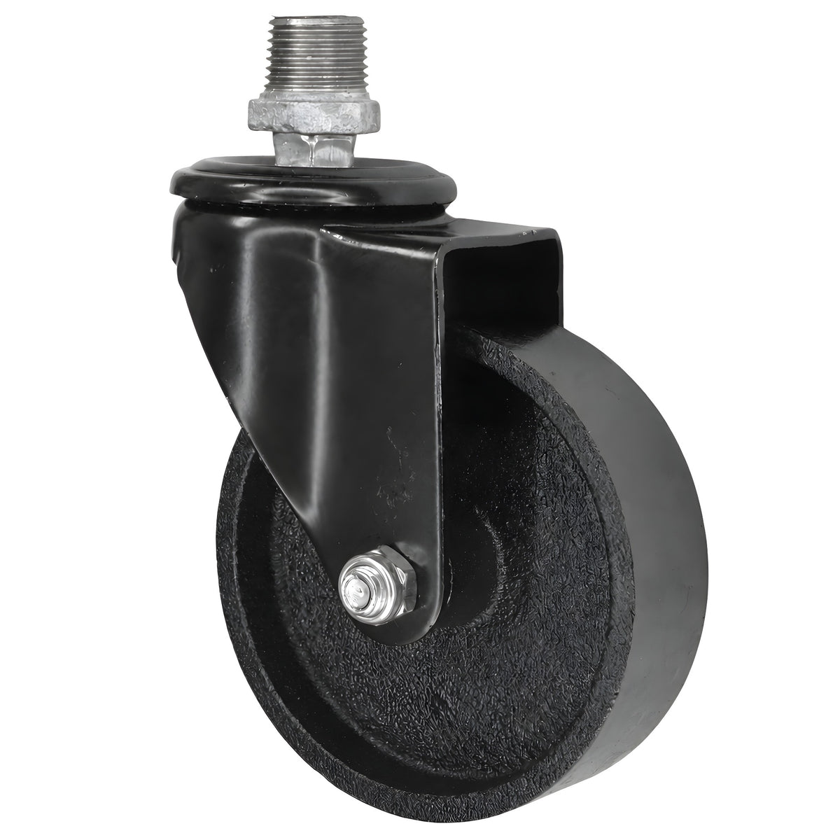Schwarze Industrie-Lenkrolle aus Gusseisen 100 mm, 1/2" (15×21mm) Außengewinde, Fitting aus verzinktem Gusseisen