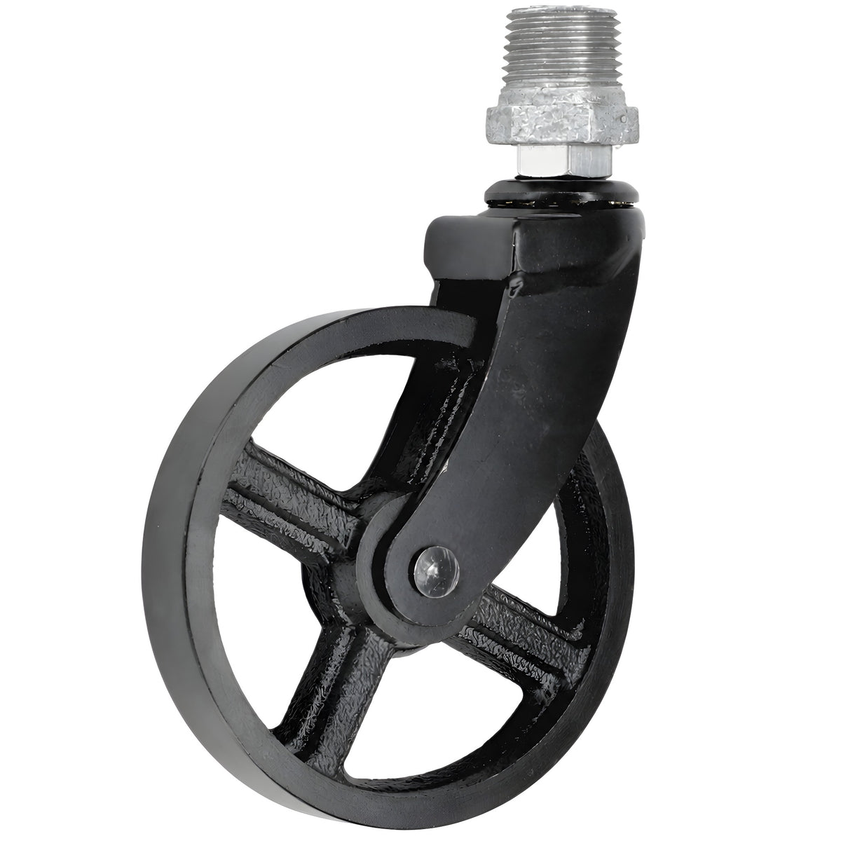 Schwarze Industrie-Lenkrolle mit Metallrad 90 mm, 1/2'' (15x21mm) Außengewinde, Fitting aus verzinktem Temperguss