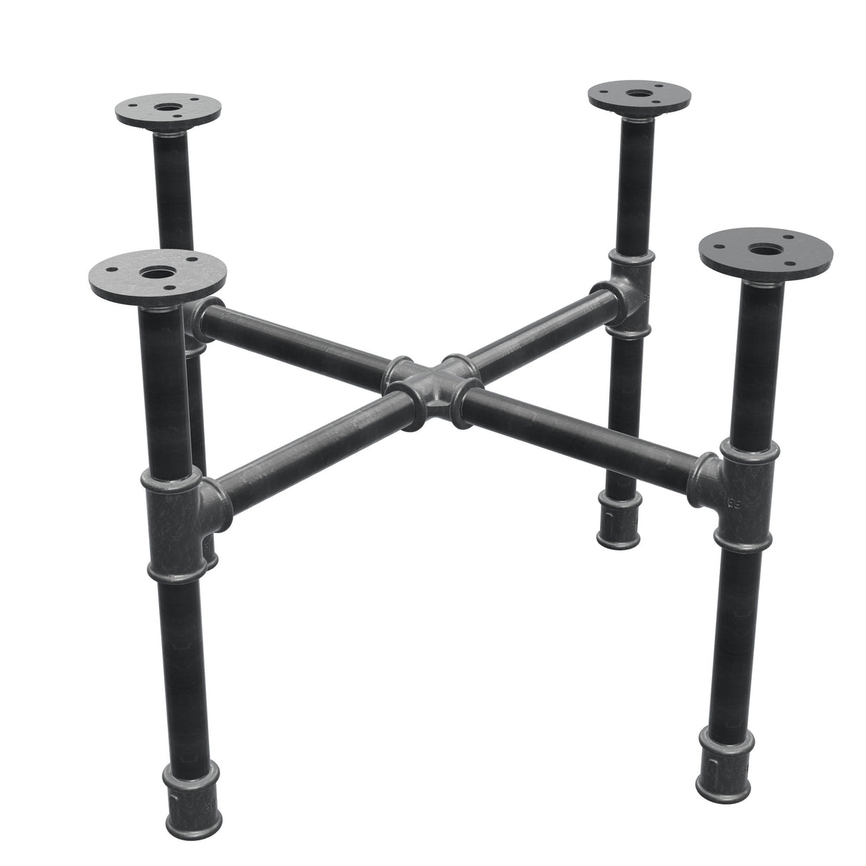 Industrielles Couchtisch-Gestell aus Gusseisen, Kreuzfuß, 48 × 48 cm, Höhe 32 cm, Dreiviertelansicht