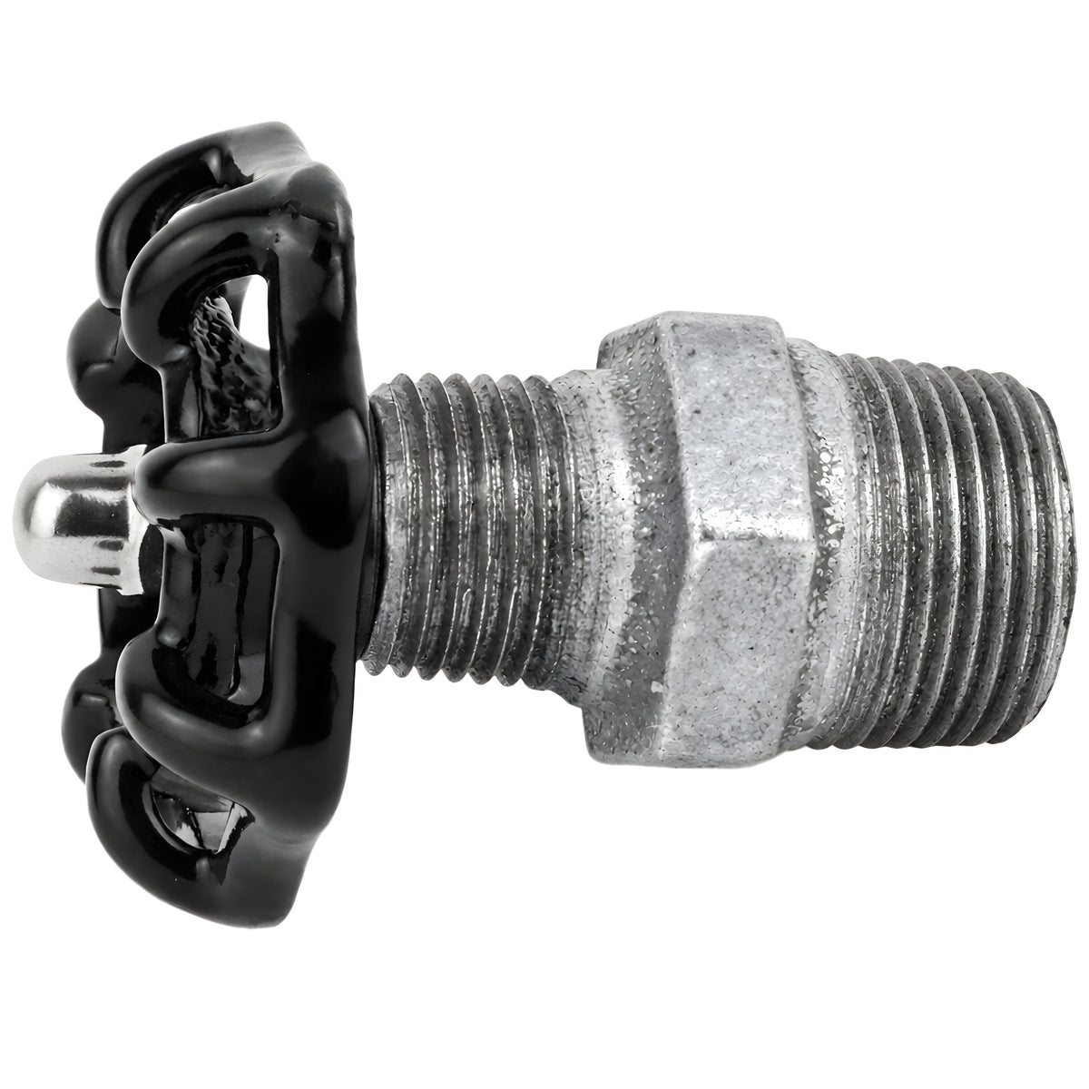 Schwarzes Handrad 52 mm auf Nippel, Edelstahlmutter, Fitting aus verzinktem Gusseisen