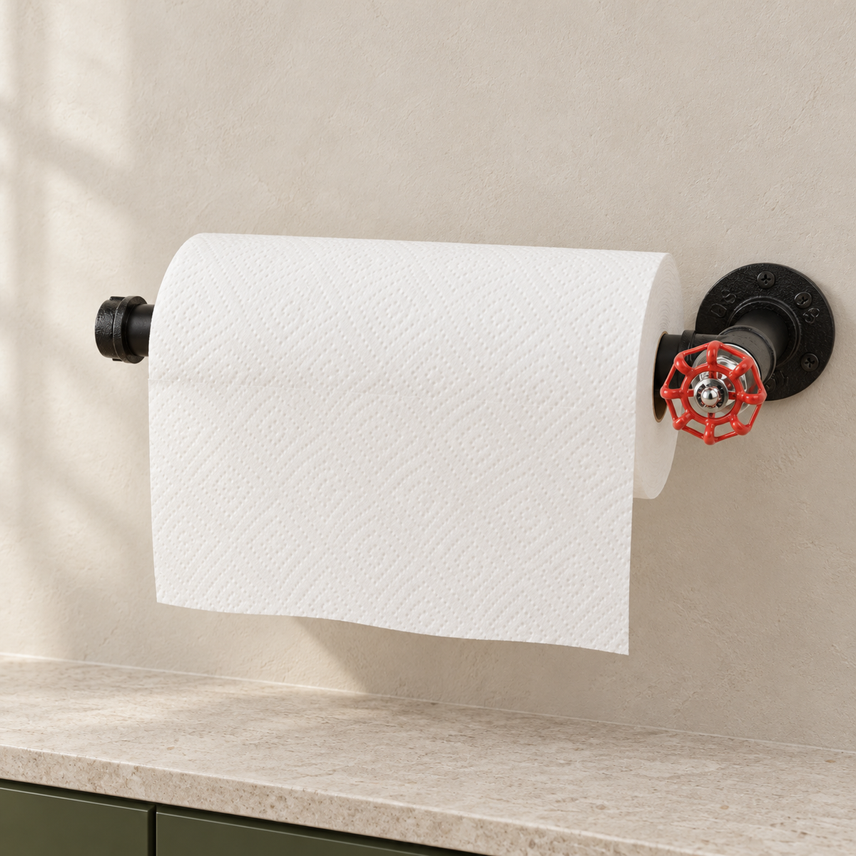 Schwarzer Küchenrollenhalter mit rotem Handrad — an der Wand mit Küchenrolle