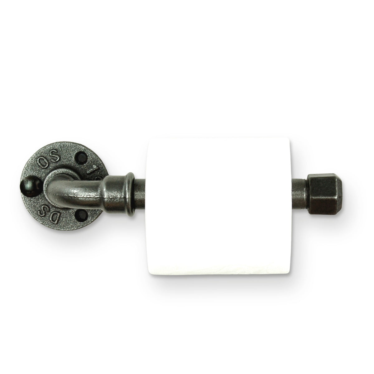 Wandmontierter Toilettenpapierhalter im Industrial-Stil, Vorderansicht mit Rolle