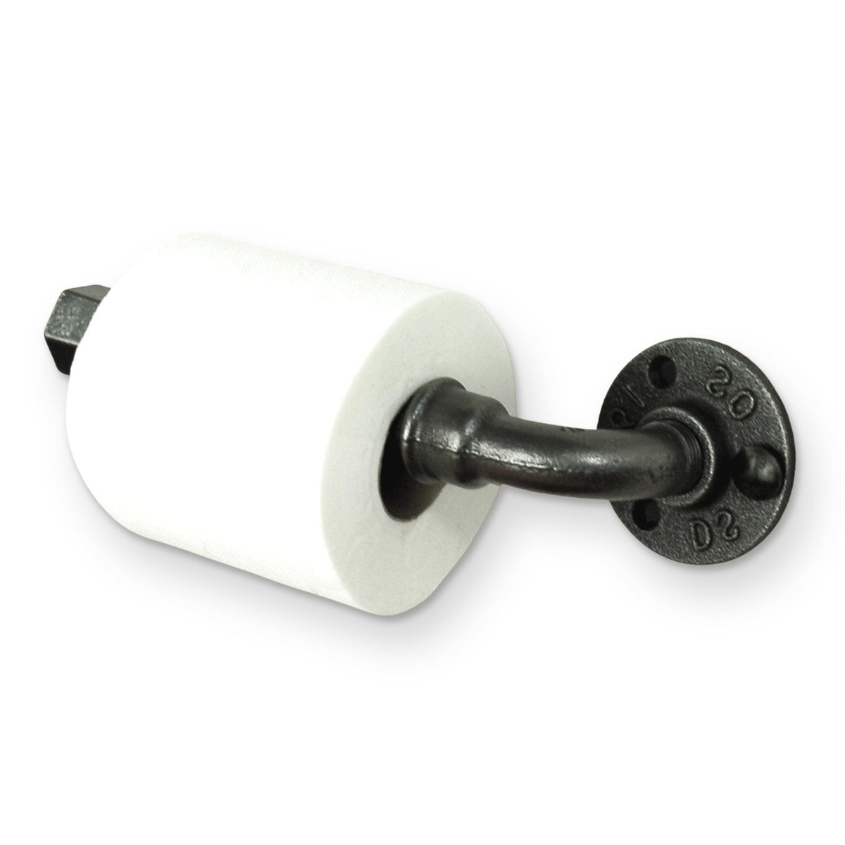 Toilettenpapierhalter aus Rohrfittings, Dreiviertelansicht von rechts, mit Rolle