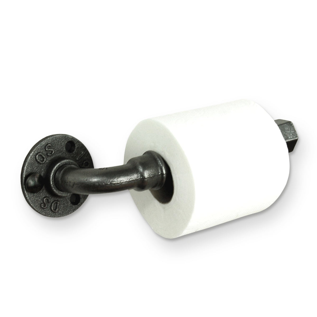 Toilettenpapierhalter aus schwarzem Gusseisen und Stahl mit Rolle, Dreiviertelansicht von links