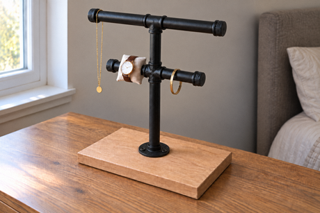 Illustration eines Schmuck- und Uhrenständers mit zwei Ebenen aus schwarz lackierten Rohrfittings auf einem Holzsockel