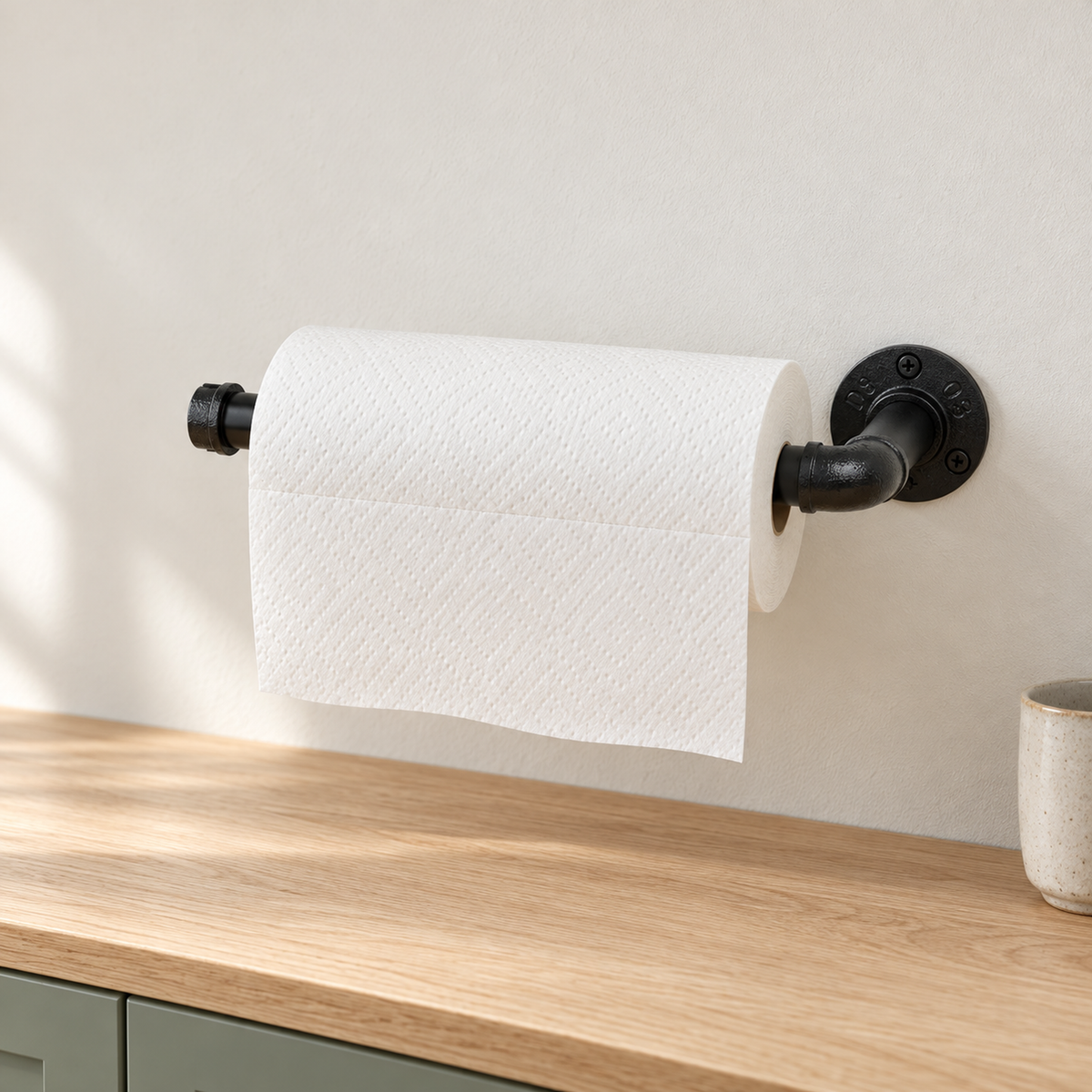 Illustration des schwarzen Wandhalters mit Küchenrolle in einer Küche in Creme- und Holztönen